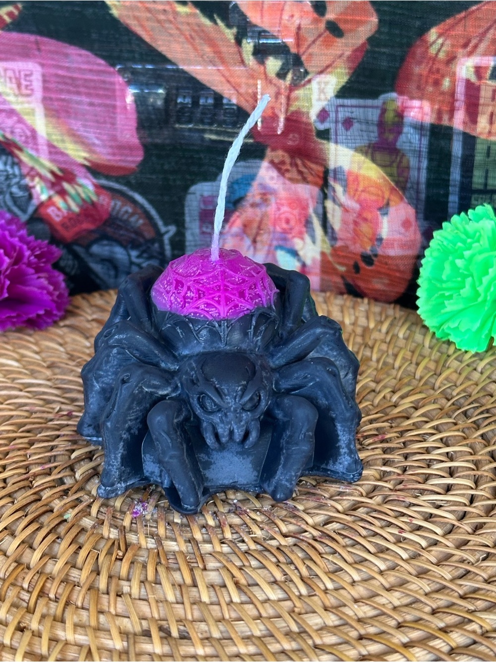 Handmade Black Spider Candle with Bright Purple Web Center